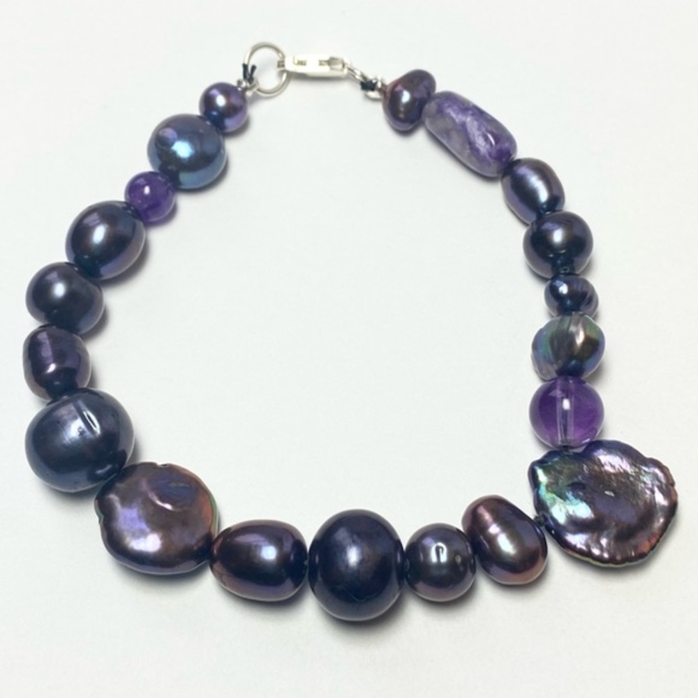 Genuine Freshwater Peacock Baroque Pearls &‎ Amethyst Beads 925 Silver Bracelet